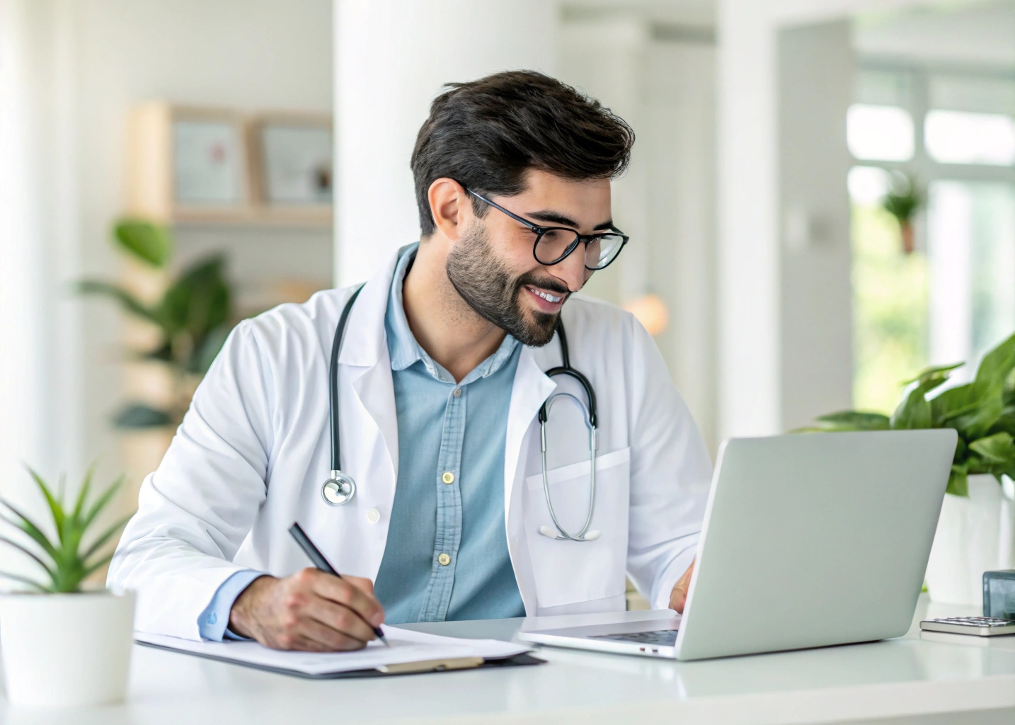 Physician consulting and reviewing documents