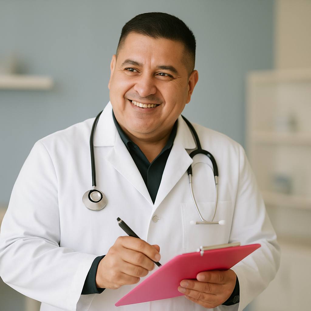 Professional physician in white coat with stethoscope